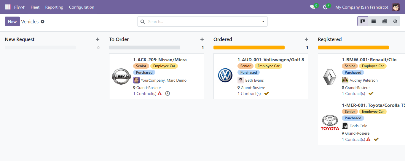 لقطة شاشة لوحدة إدارة الأسطول في Odoo